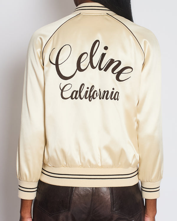 Celine Cream Satin Varsity Bomber Jacket with Brown Embroidered Logo Detail Size FR 34 (UK 6)