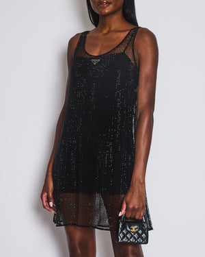 Prada Black Rhinestone Embellished Sheer Shift Dress with Logo Detail Size IT 36 (UK 4)