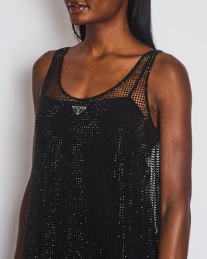 Prada Black Rhinestone Embellished Sheer Shift Dress with Logo Detail Size IT 36 (UK 4)