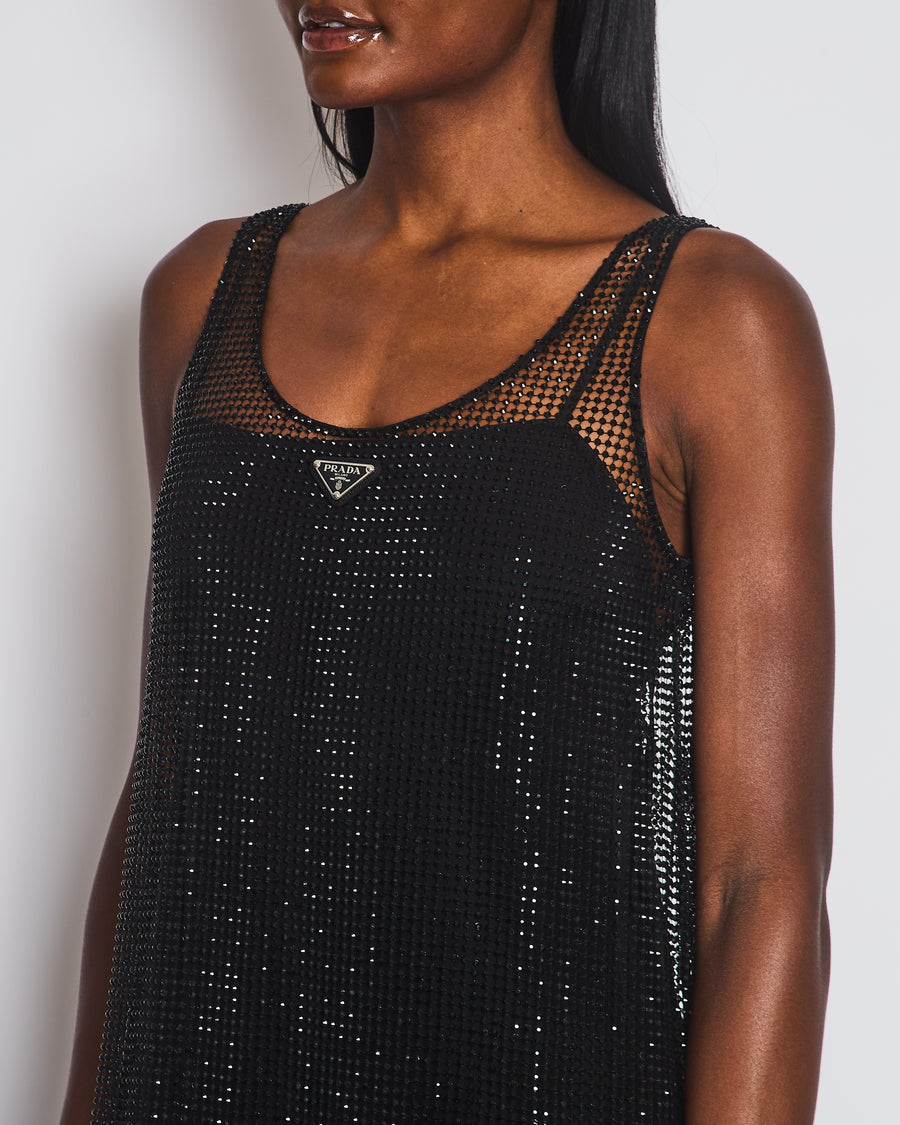 Prada Black Rhinestone Embellished Sheer Shift Dress with Logo Detail Size IT 36 (UK 4)