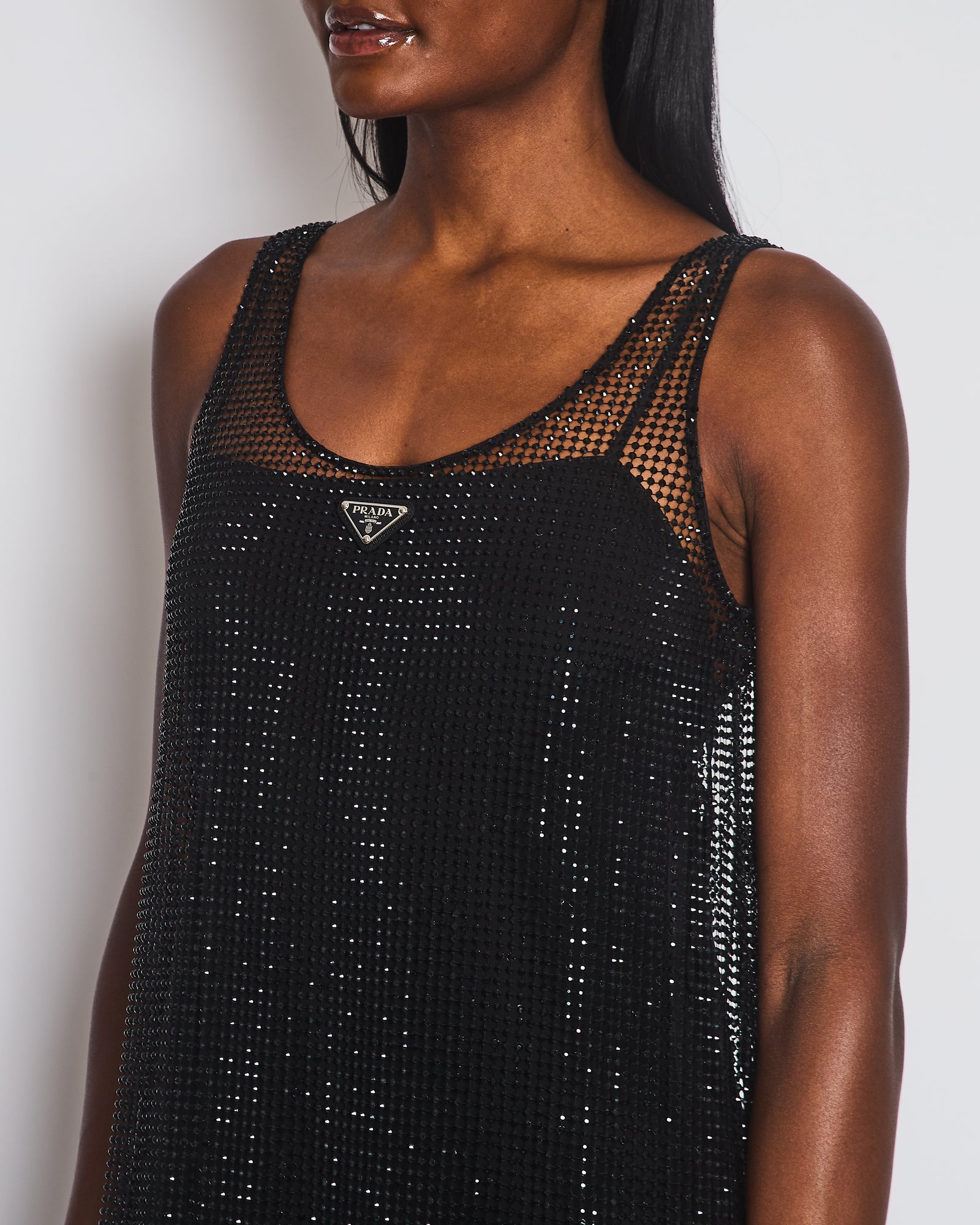 Prada Black Rhinestone Embellished Sheer Shift Dress with Logo