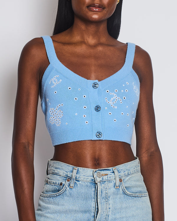 Chanel S/S 2023 Sky Blue Knitted Cropped Top with CC logo & Shamrock Embroidery Details Size FR 36 (UK 8)