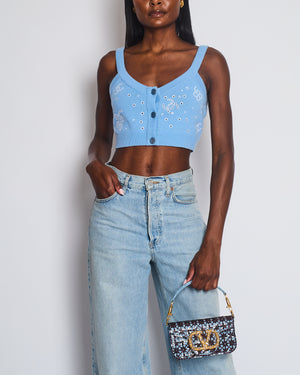 Chanel S/S 2023 Sky Blue Knitted Cropped Top with CC Logo & Shamrock Embroidery Details Size FR 38 (UK 10