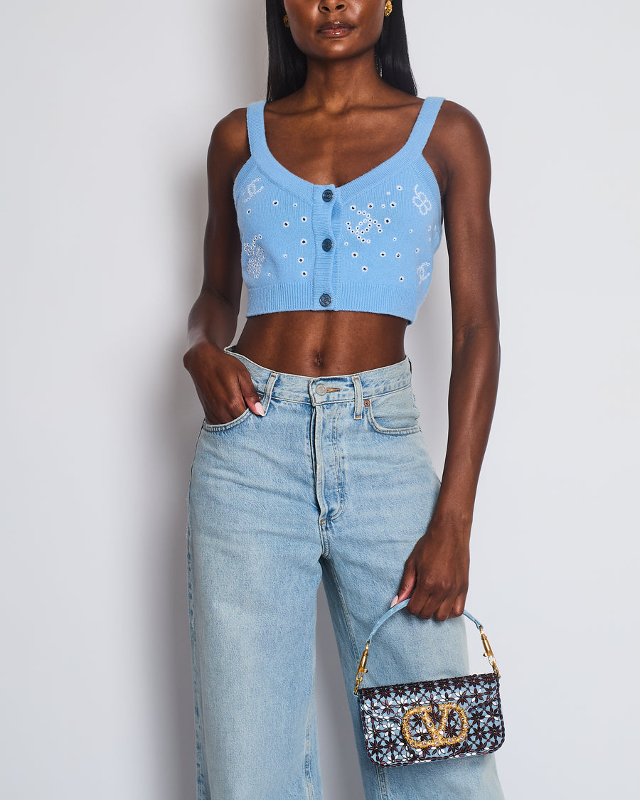 Chanel S/S 2023 Sky Blue Knitted Cropped Top with CC Logo & Shamrock Embroidery Details Size FR 38 (UK 10