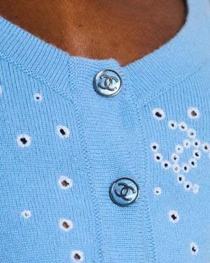 Chanel S/S 2023 Sky Blue Knitted Cropped Top with CC Logo & Shamrock Embroidery Details Size FR 38 (UK 10