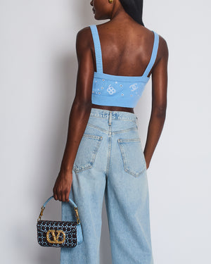Chanel S/S 2023 Sky Blue Knitted Cropped Top with CC Logo & Shamrock Embroidery Details Size FR 38 (UK 10