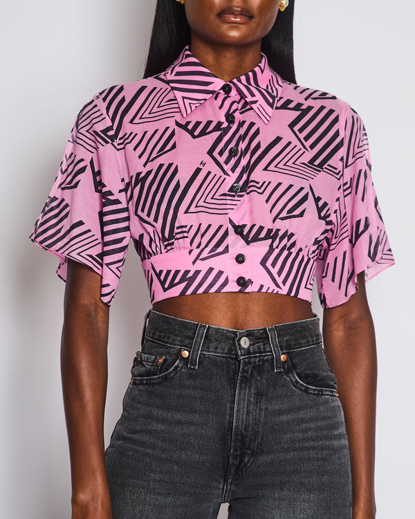 Chanel Coco Beach 2023 Pink & Black Cotton Gauze Cropped Shirt Top with Black CC Logo Buttons Size FR 36 (UK 8)