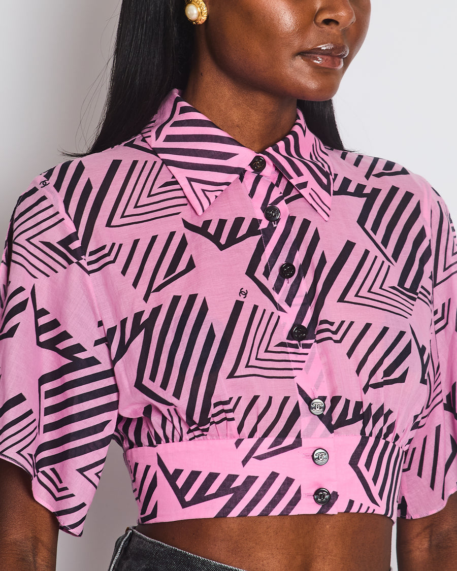 Chanel Coco Beach 2023 Pink & Black Cotton Gauze Cropped Shirt Top with Black CC Logo Buttons Size FR 36 (UK 8)