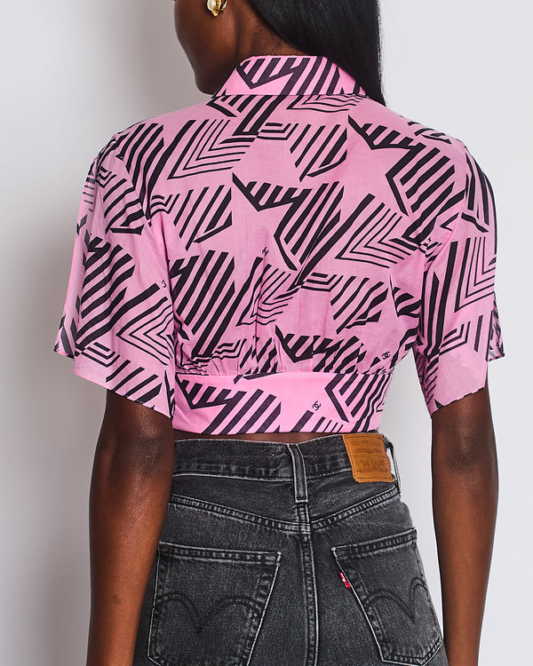 Chanel Coco Beach 2023 Pink & Black Cotton Gauze Cropped Shirt Top with Black CC Logo Buttons Size FR 36 (UK 8)