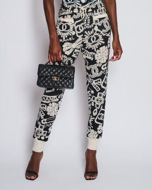 Chanel 23/N Coco Neige Black & White Jogging Pants with Logo Pattern & Crystal CC Detail Size FR 36 (UK 8)