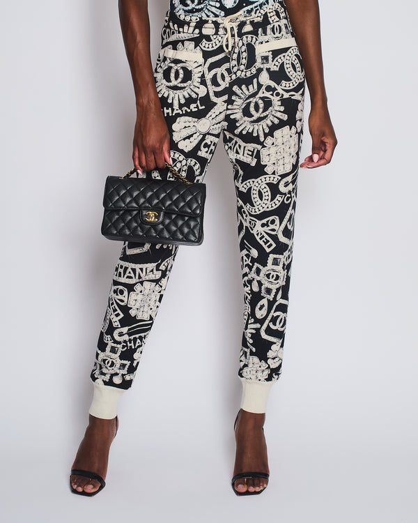 Chanel 23/N Coco Neige Black & White Jogging Pants with Logo Pattern & Crystal CC Detail Size FR 36 (UK 8)