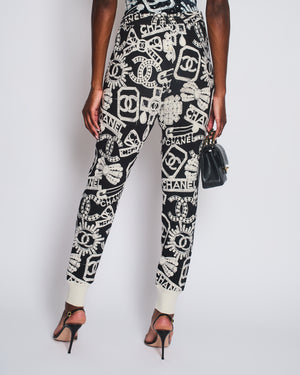Chanel 23/N Coco Neige Black & White Jogging Pants with Logo Pattern & Crystal CC Detail Size FR 36 (UK 8)