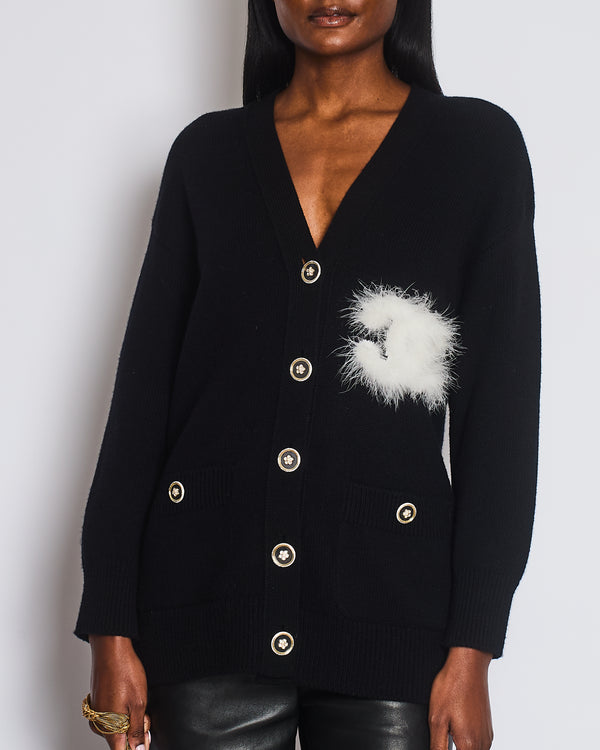 Chanel AW/23 Black Cashmere Cardigan with White Feather CC Logo Detail & Transparent Buttons FR 34 (UK 6)