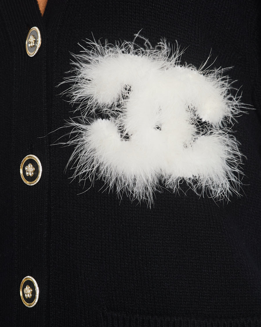 Chanel AW/23 Black Cashmere Cardigan with White Feather CC Logo Detail & Transparent Buttons FR 34 (UK 6)