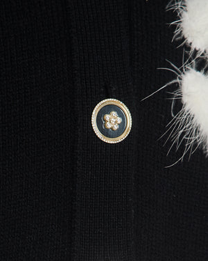 Chanel AW/23 Black Cashmere Cardigan with White Feather CC Logo Detail & Transparent Buttons FR 34 (UK 6)