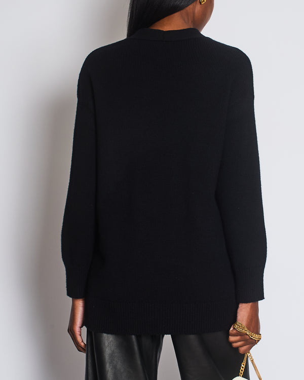Chanel AW/23 Black Cashmere Cardigan with White Feather CC Logo Detail & Transparent Buttons FR 34 (UK 6)