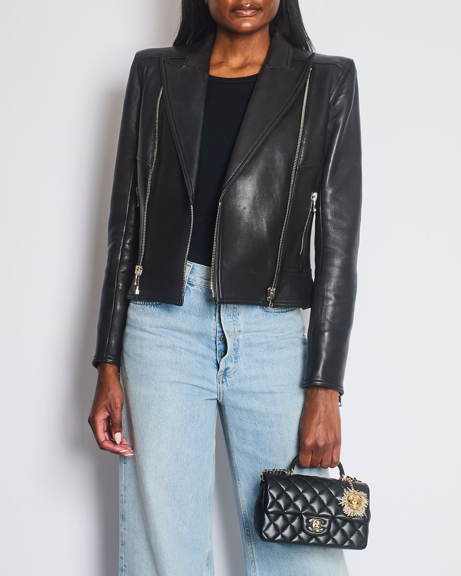 Balmain Black Leather Jacket with Silver Zippers Detail Size FR 40 (UK 12)