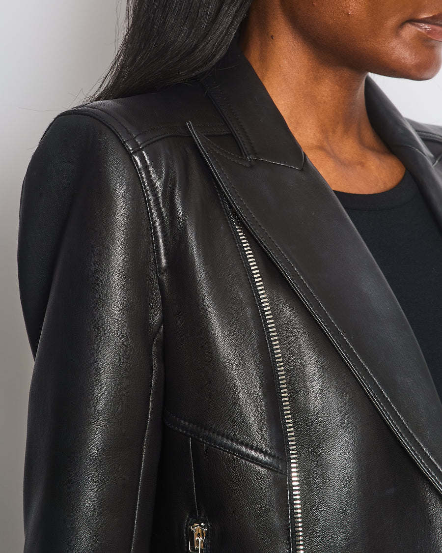 Balmain Black Leather Jacket with Silver Zippers Detail Size FR 40 (UK 12)