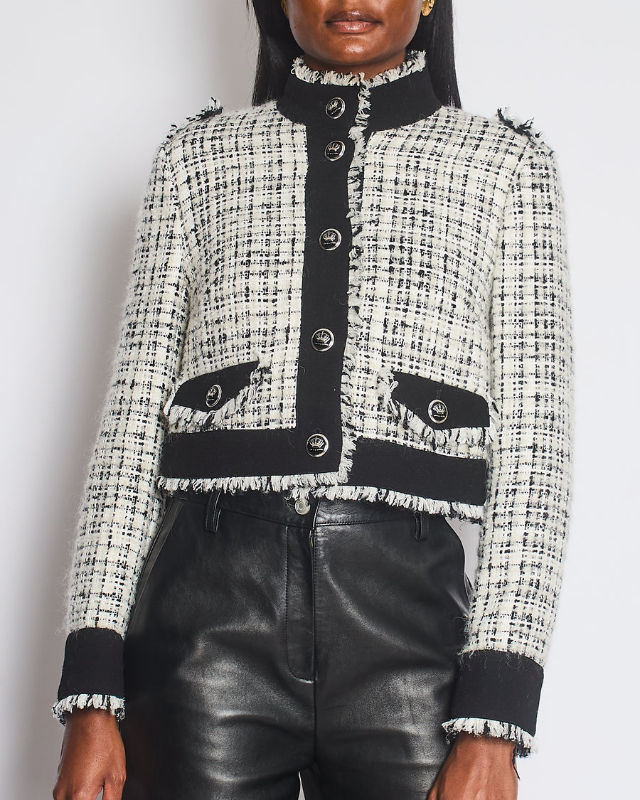 Dolce & Gabbana Black and White Tweed Jacket with Fringe Trim and Silver Crown Buttons Size IT 42 (UK 10)