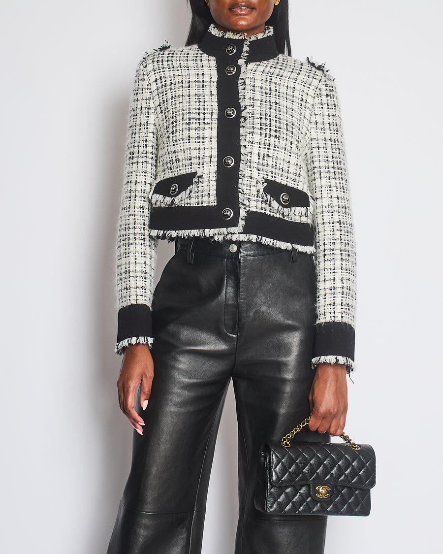 Dolce & Gabbana Black and White Tweed Jacket with Fringe Trim and Silver Crown Buttons Size IT 42 (UK 10)