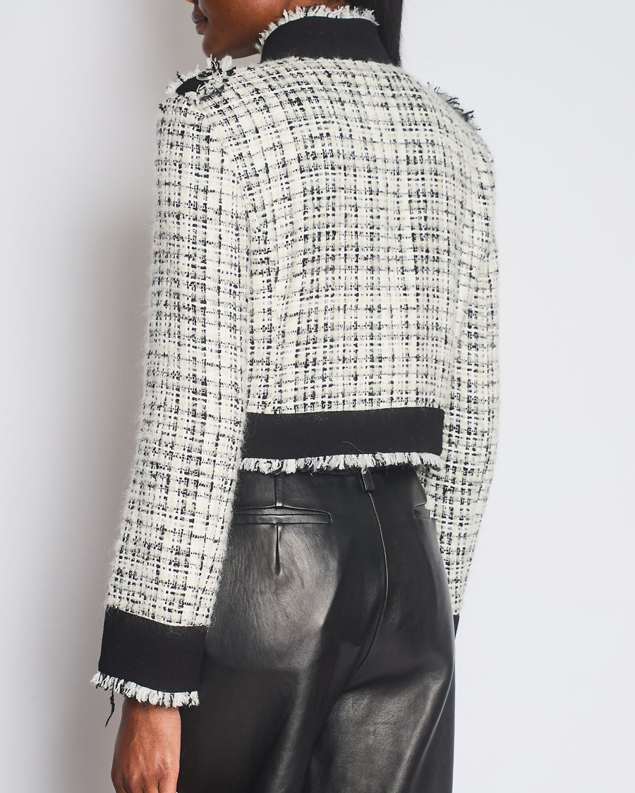 Dolce & Gabbana Black and White Tweed Jacket with Fringe Trim and Silver Crown Buttons Size IT 42 (UK 10)