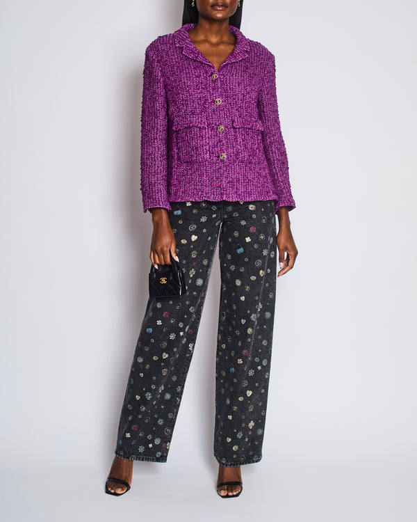 Chanel 21C Purple Tweed Blazer with CC Buttons and Pockets Detail Size FR 44 (UK 16)