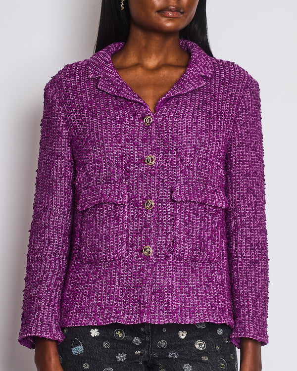 Chanel 21C Purple Tweed Blazer with CC Buttons and Pockets Detail Size FR 44 (UK 16)