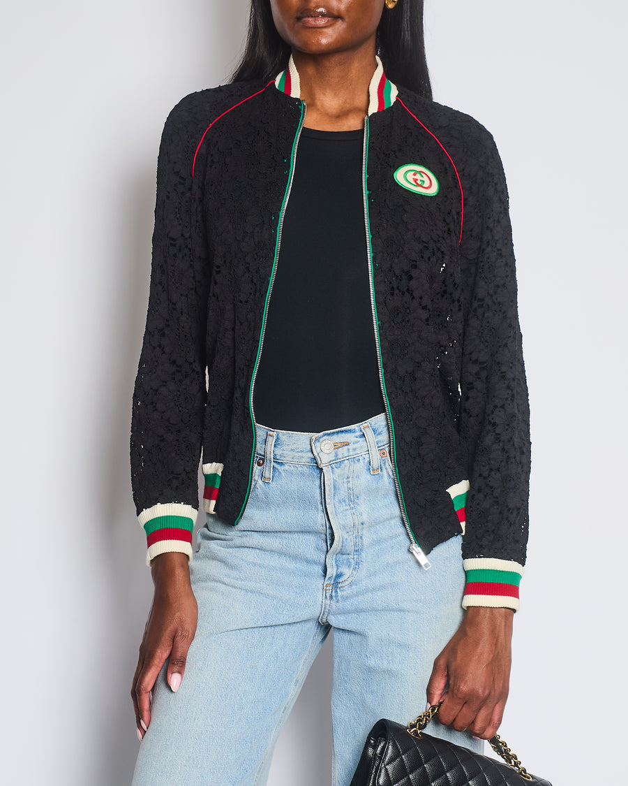 Gucci Black Lace Bomber Jacket with White, Red and Green Knitted Collar and Cuffs and GG Logo Detail Size IT 38 (UK 6)