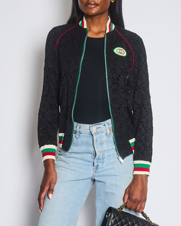 Gucci Black Lace Bomber Jacket with White, Red and Green Knitted Collar and Cuffs and GG Logo Detail Size IT 38 (UK 6)