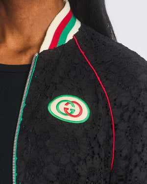 Gucci Black Lace Bomber Jacket with White, Red and Green Knitted Collar and Cuffs and GG Logo Detail Size IT 38 (UK 6)