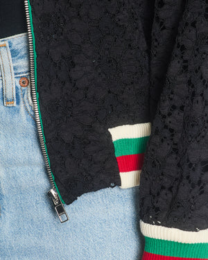 Gucci Black Lace Bomber Jacket with White, Red and Green Knitted Collar and Cuffs and GG Logo Detail Size IT 38 (UK 6)
