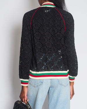 Gucci Black Lace Bomber Jacket with White, Red and Green Knitted Collar and Cuffs and GG Logo Detail Size IT 38 (UK 6)