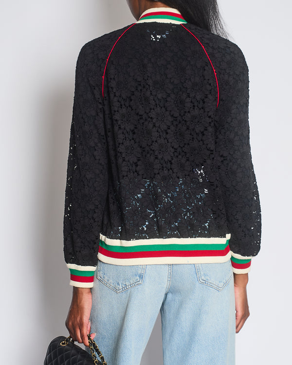Gucci Black Lace Bomber Jacket with White, Red and Green Knitted Collar and Cuffs and GG Logo Detail Size IT 38 (UK 6)