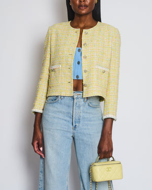 Chanel 24C Yellow White Pink and Blue Metallic Tweed Check Collarless Jacket with Crystal CC Buttons Size FR 36 (UK 8) RRP £6,500