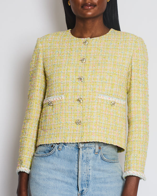 Chanel 24C Yellow White Pink and Blue Metallic Tweed Check Collarless Jacket with Crystal CC Buttons Size FR 36 (UK 8) RRP £6,500