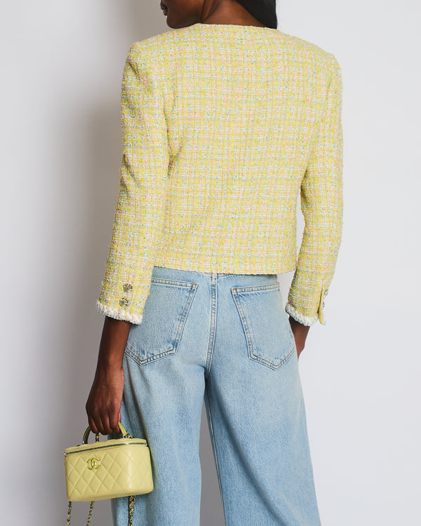 Chanel 24C Yellow White Pink and Blue Metallic Tweed Check Collarless Jacket with Crystal CC Buttons Size FR 36 (UK 8) RRP £6,500