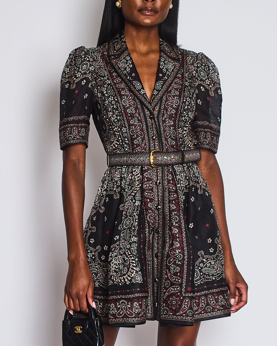 Zimmermann Black Paisley Print Short Sleeve Dress with Belt Detail Size 1 (UK 10)