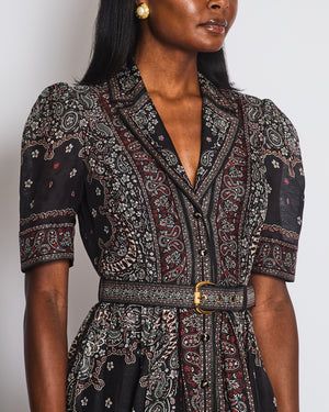 Zimmermann Black Paisley Print Short Sleeve Dress with Belt Detail Size 1 (UK 10)