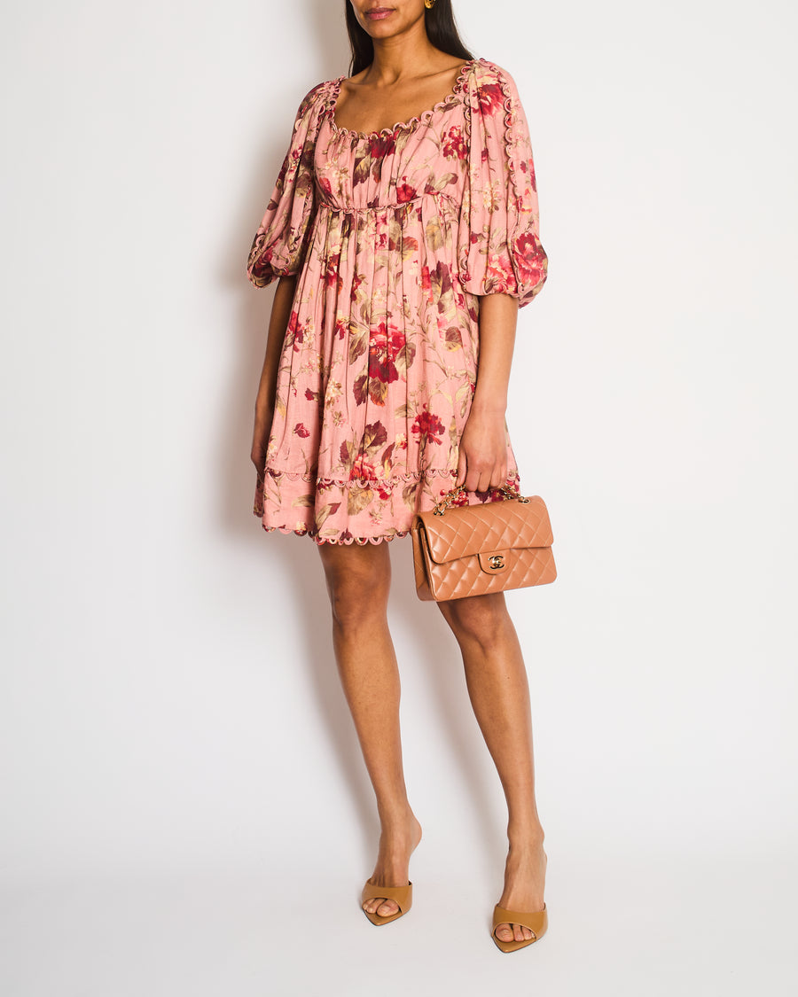 Zimmermann Pink Floral Mini Dress with Puff Sleeves and Scalloped Trim Sellier Zimmermann Pink Floral Mini Dress with Puff Sleeves and Scalloped Trim Sellier
