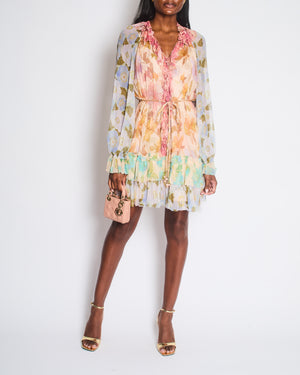 Zimmermann Pink and Light Blue Floral Mini Dress with Ruffle Details and Braided Belt Size 3 (UK 14)