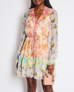 Zimmermann Pink and Light Blue Floral Mini Dress with Ruffle Details and Braided Belt Size 3 (UK 14)