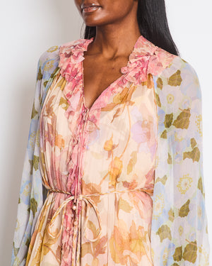 Zimmermann Pink and Light Blue Floral Mini Dress with Ruffle Details and Braided Belt Size 3 (UK 14)
