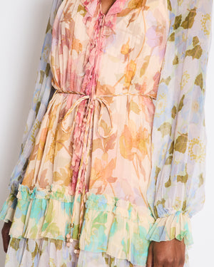 Zimmermann Pink and Light Blue Floral Mini Dress with Ruffle Details and Braided Belt Size 3 (UK 14)