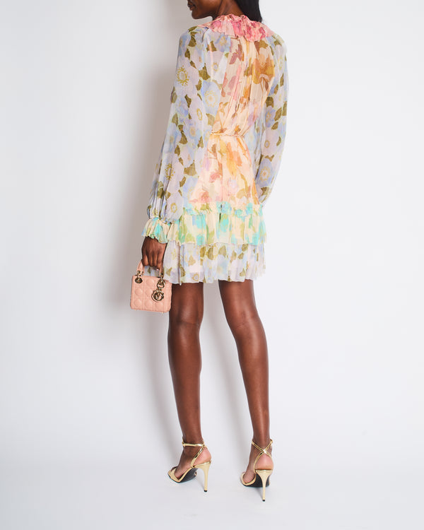 Zimmermann Pink and Light Blue Floral Mini Dress with Ruffle Details and Braided Belt Size 3 (UK 14)