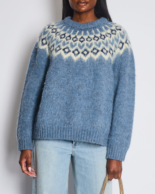 Celine AW22 Light Blue Brushed Fair Isle Wool Oversized Crew Neck Jumper Size M (UK 10)