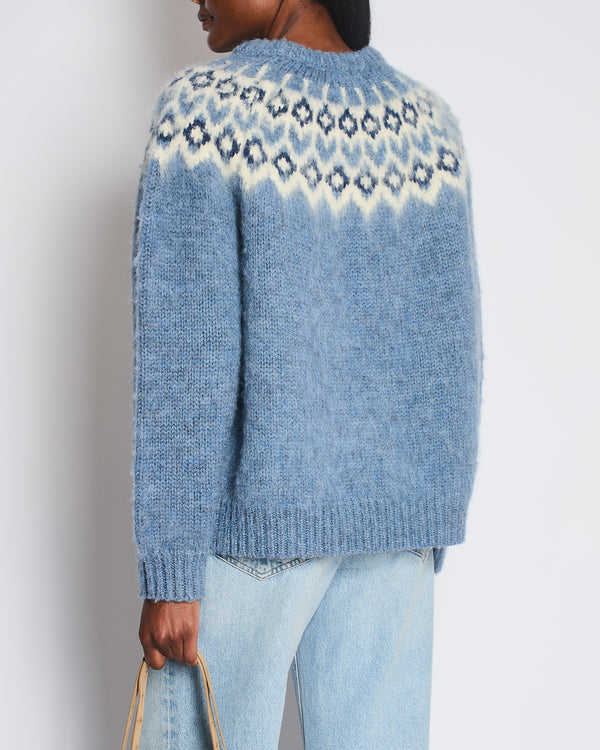 Celine AW22 Light Blue Brushed Fair Isle Wool Oversized Crew Neck Jumper Size M (UK 10)