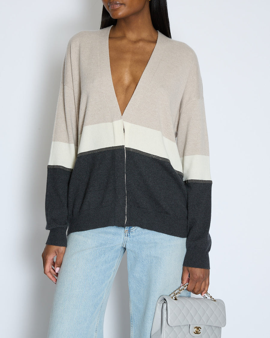 Brunello Cucinelli Taupe, White, and Grey Colour Block Cashmere Cardigan with Monili Trim Detail Size XL (UK 14)