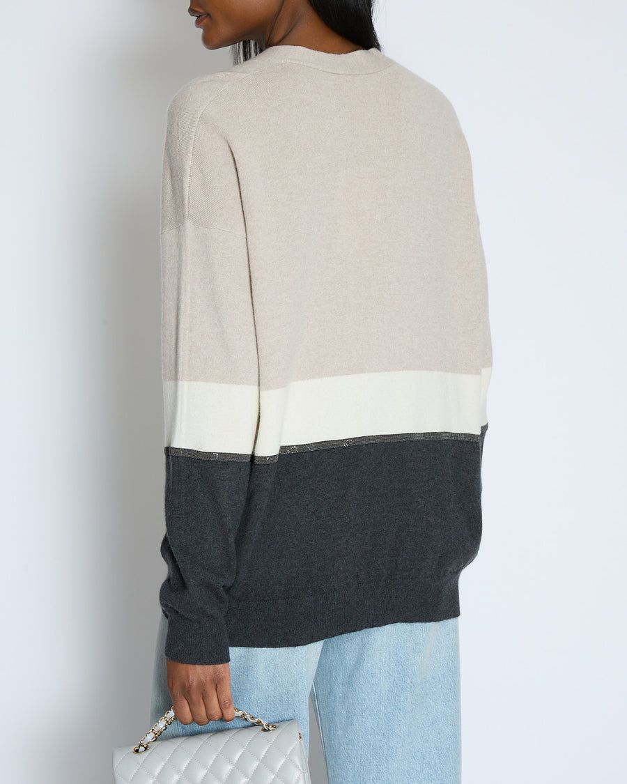 Brunello Cucinelli Taupe, White, and Grey Colour Block Cashmere Cardigan with Monili Trim Detail Size XL (UK 14)