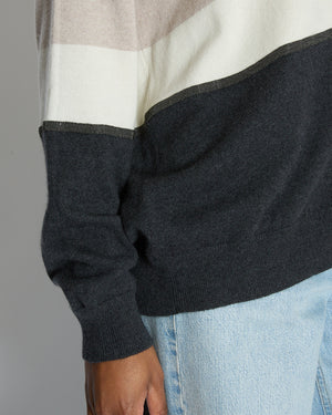 Brunello Cucinelli Taupe, White, and Grey Colour Block Cashmere Cardigan with Monili Trim Detail Size XL (UK 14)