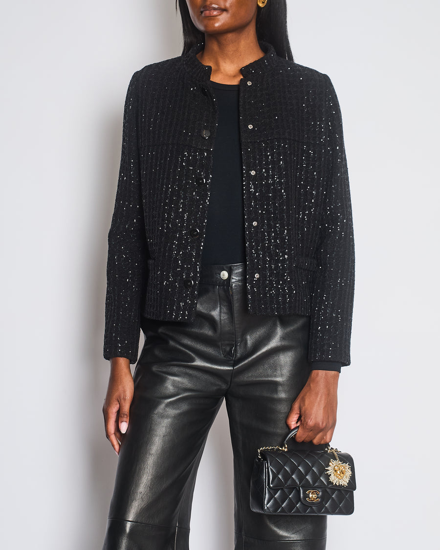 Chanel 25C Black Sequin Single-Breasted Collarless Tweed Jacket with CC Button Detail Size FR 42 (UK 14)